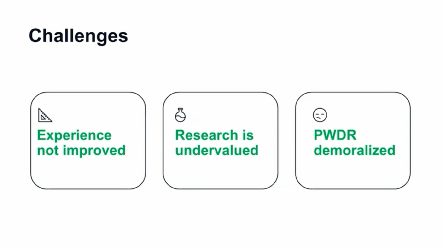 Three challenges. 1. Experience not improved. 2. Research is undervalued. 3. PWDR demoralized