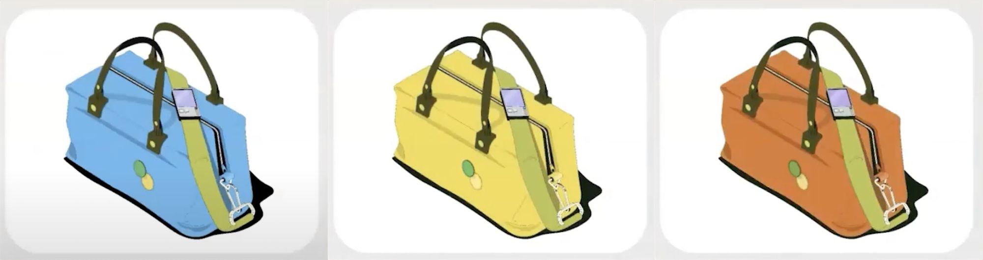 An example of the different colour treatments for three illustrations of a bag.