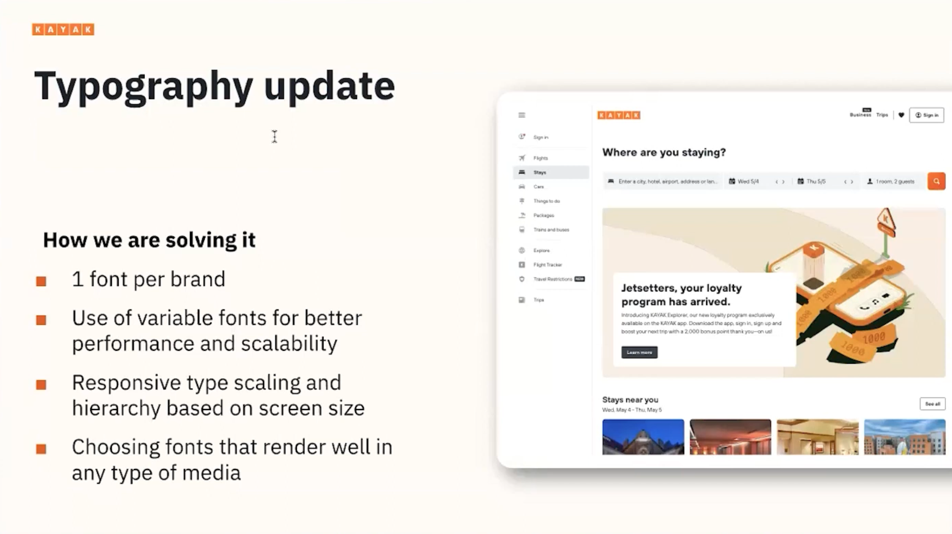 Typogrpahy update: 1 font per brand, variable fonts for better performance, responsive type scaling, fonts that render well in all media.