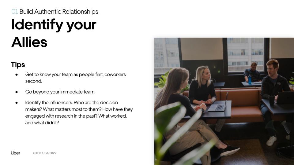 Bullet points to identify your allies together with image of a people in a meeting